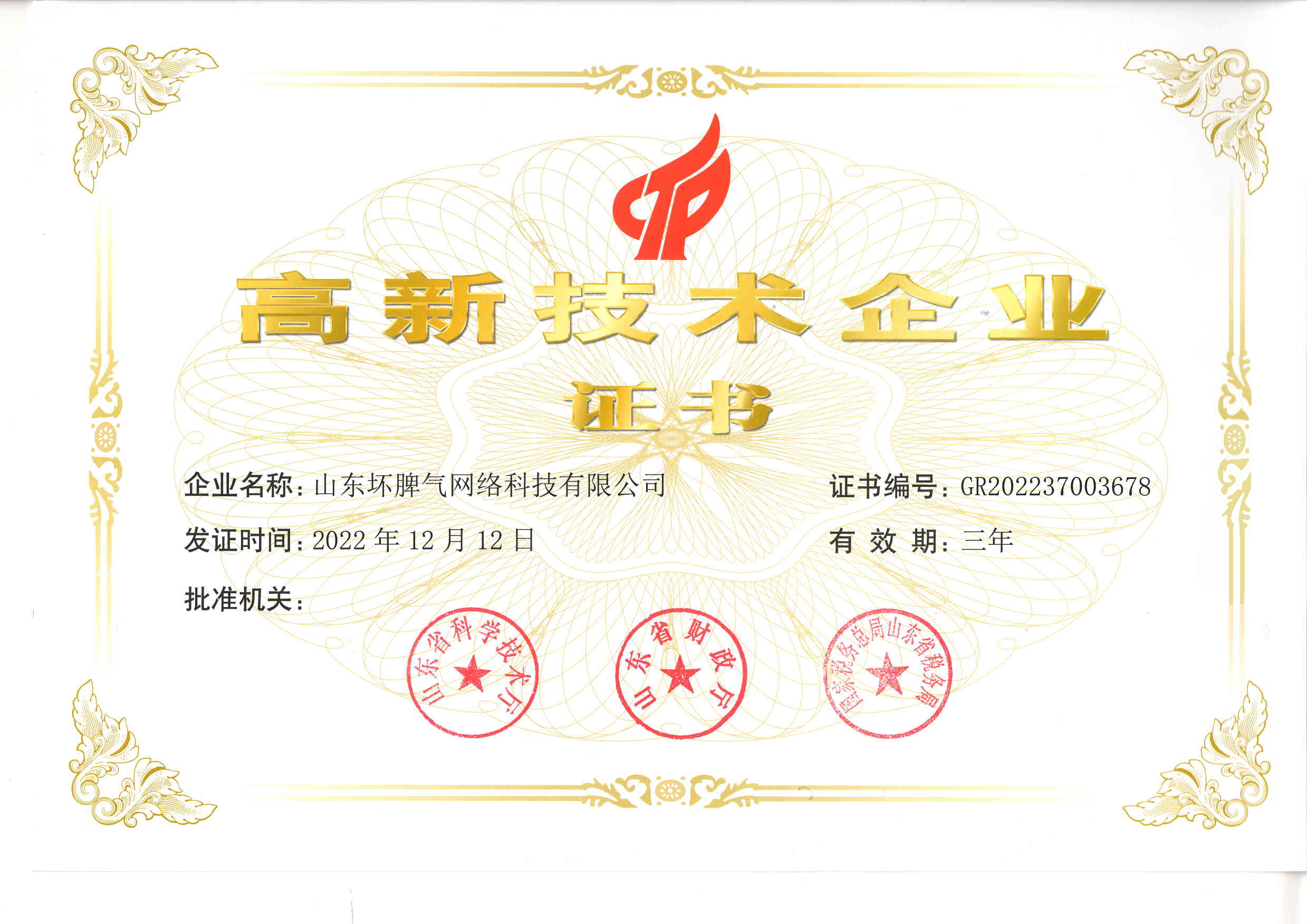 高新技术企业证书